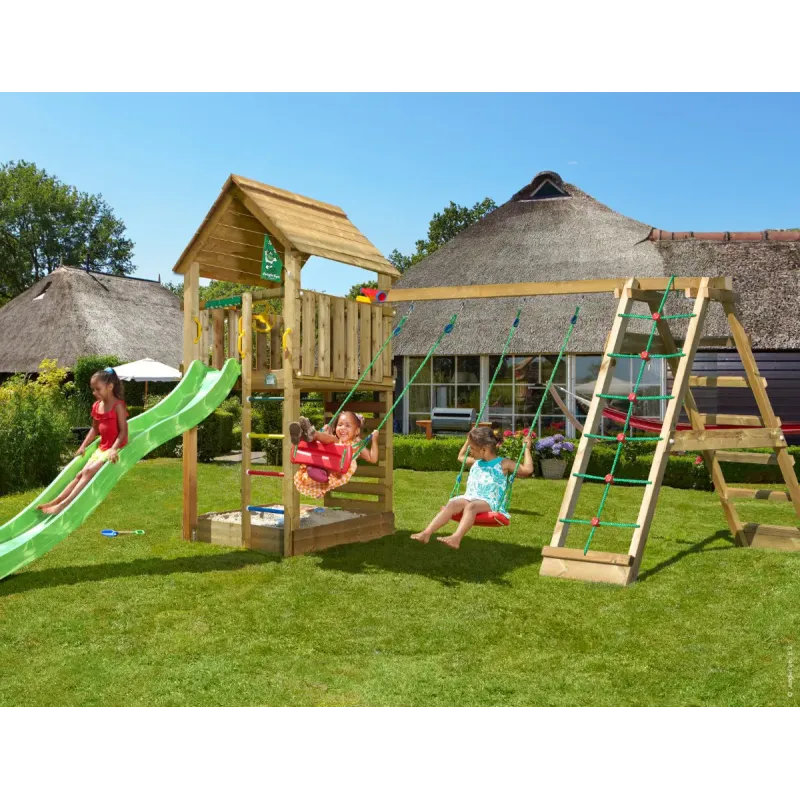 Legetårn Komplet Jungle Gym Cabin     Inkl  Climb Modul Og Grøn Rutsjebane