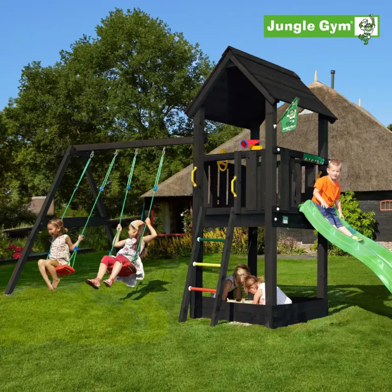 Jungle Gym Club Legetårn Komplet Inkl  Swing Module Xtra Og Rutschebane  Grundmalet Sort 806-284sx