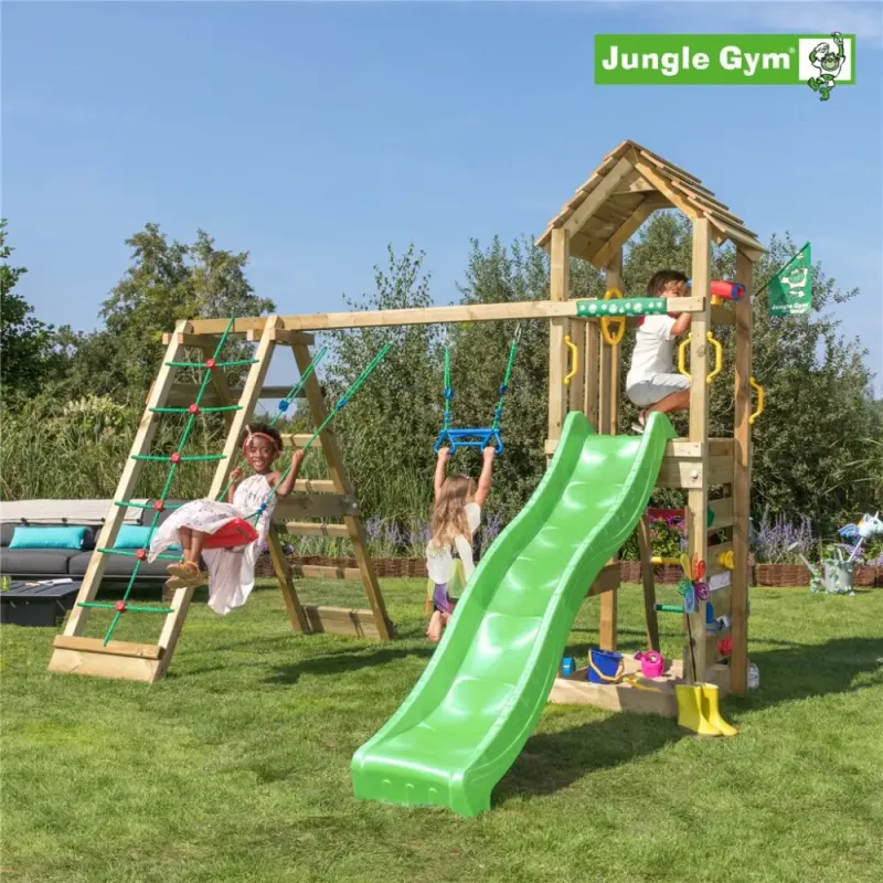 Jungle Gym Cocoon Legetårn Komplet Inkl Klatremodul Og Mørkegrøn Rutschebane 804-071c2g