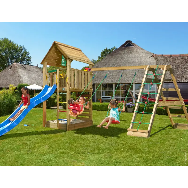 Legetårn Komplet Jungle Gym Cabin     Inkl  Climb Modul 120 Kg Sand Og Blå Rutsjebane