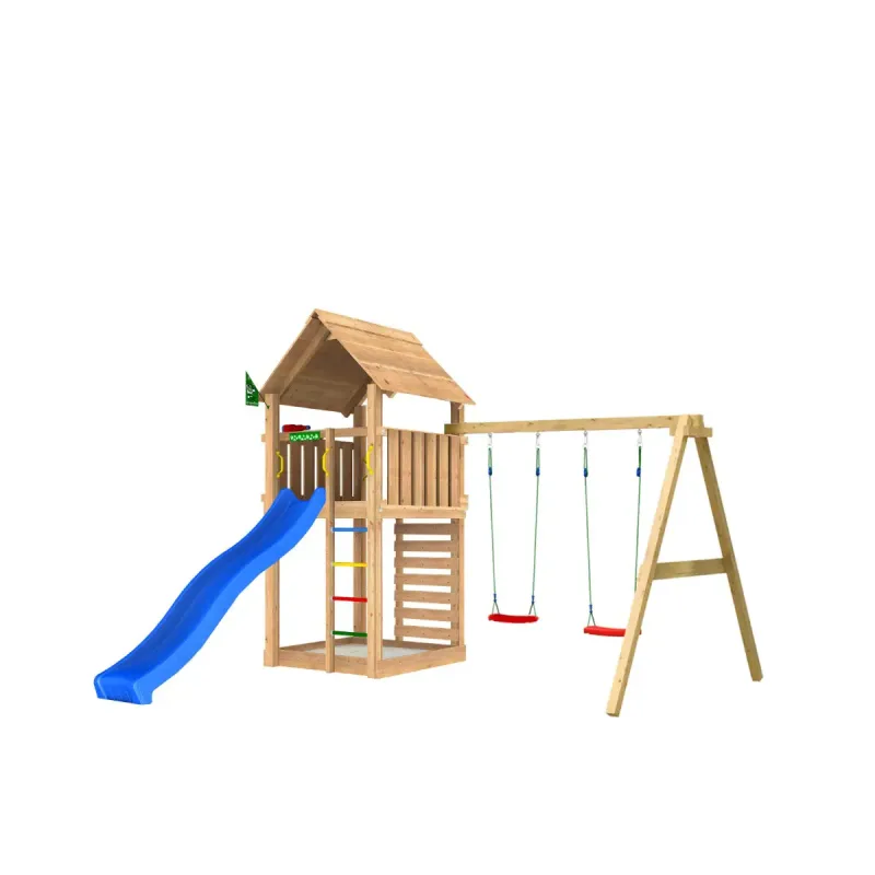 Legetårn Komplet Jungle Gym Cabin     Inkl  Swing Modul 120 Kg Sand Og Blå Rutsjebane