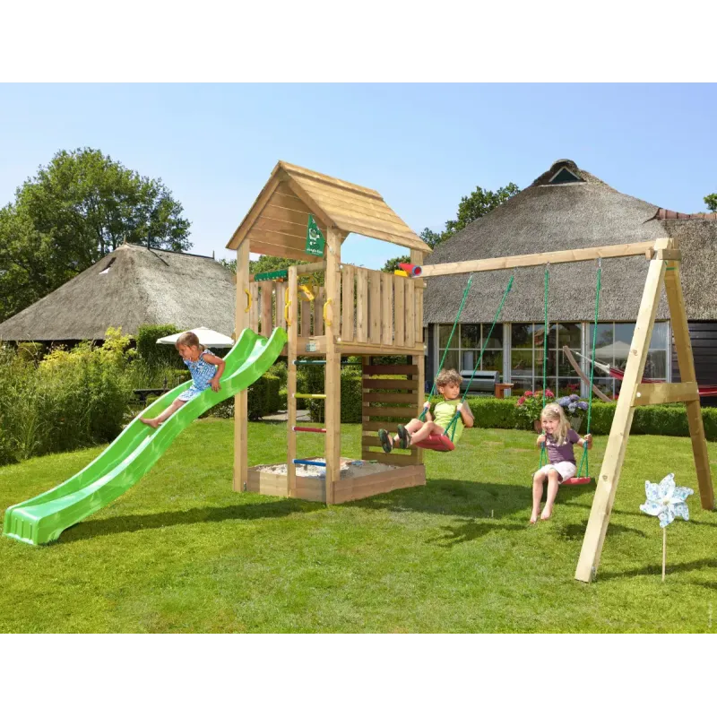 Legetårn Komplet Jungle Gym Cabin     Inkl  Swing Modul Og Grøn Rutsjebane