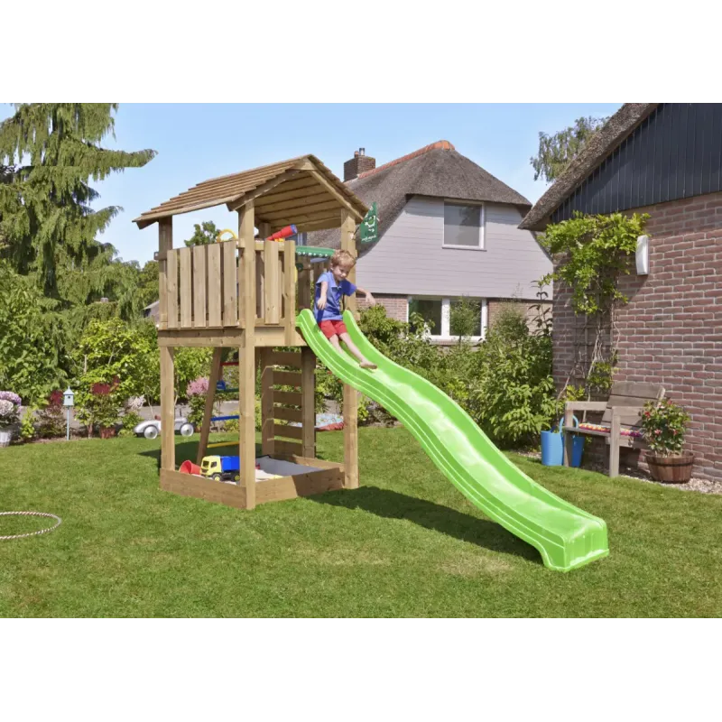 Legetårn Komplet Jungle Gym Cottage     Inkl  120 Kg Sand Og Grøn Rutschebane