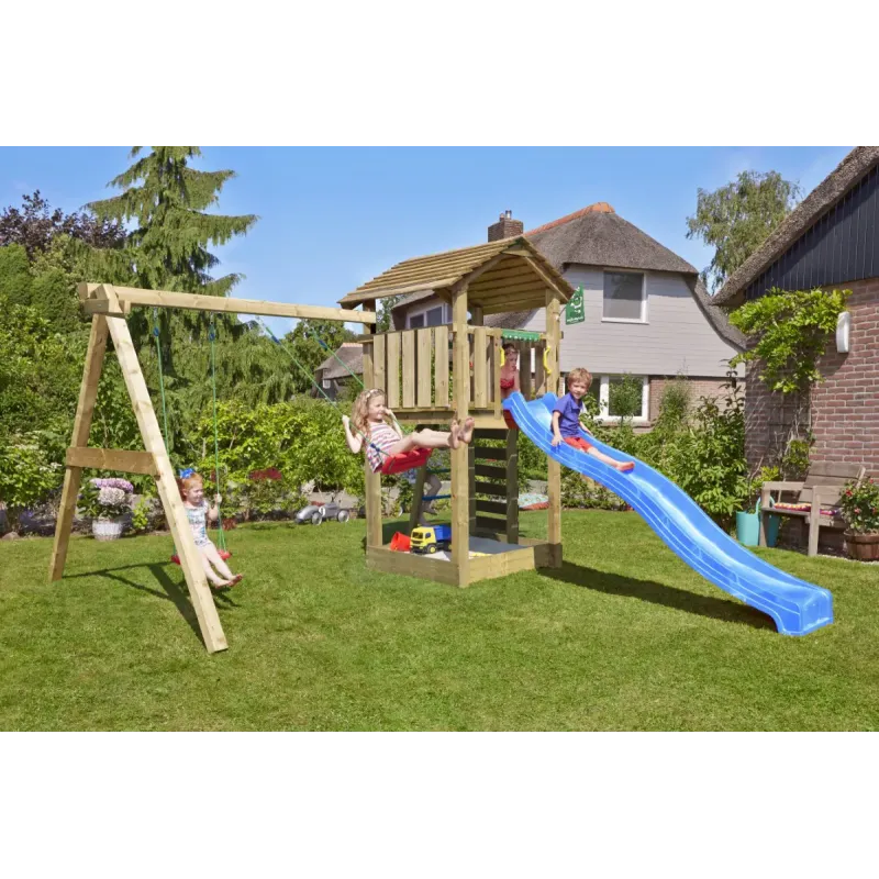 Legetårn Komplet Jungle Gym Cottage     Inkl  Swing Modul 120 Kg Sand Og Blå Rutschebane