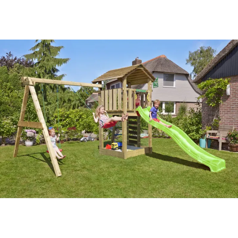 Legetårn Komplet Jungle Gym Cottage     Inkl  Swing Modul 120 Kg Sand Og Grøn Rutschebane