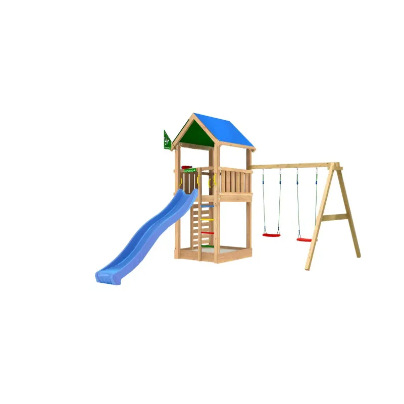 Legetårn Komplet Jungle Gym Lodge     Inkl  Swing Module Og Blå Rutschebane