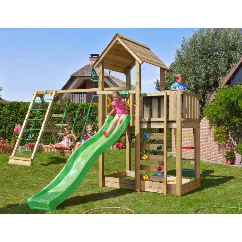 Legetårn Komplet Jungle Gym Mansion     Inkl  Climb Modul  120 Kg Sand Og Blå Rutsjebane
