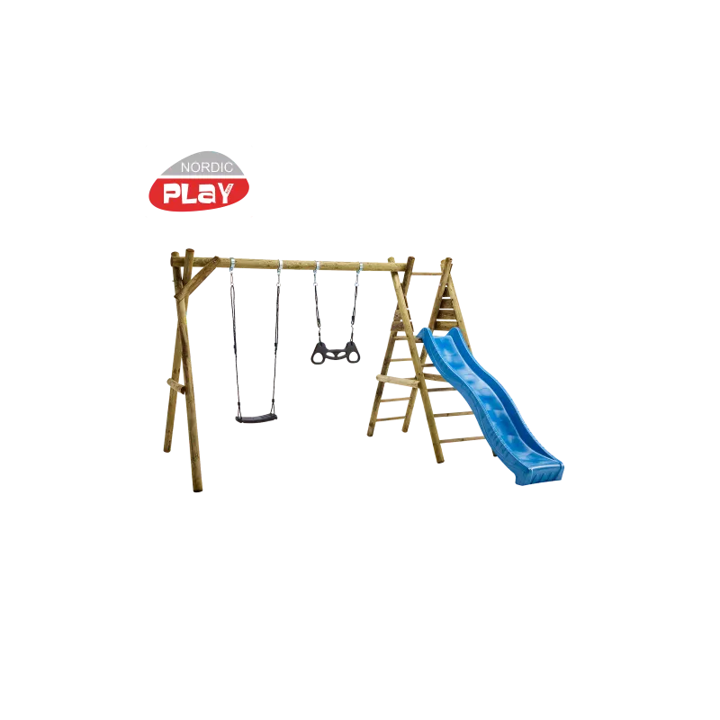 Nordic Play Gyngestativ 240 Cm Med Platform     Sort Gynge Og   Sort Trapez Inkl  Blå Rutsjebane 805-628
