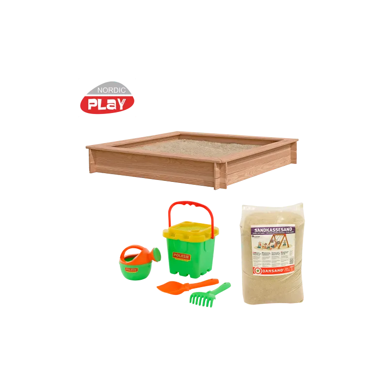 Nordic Play Sandkasse Lærk 150 150 Cm Inkl 240 Kg Sand Og Grønt Strandsæt 805-747