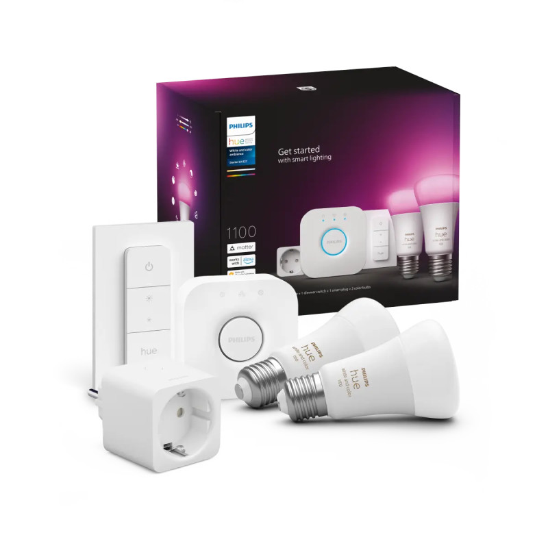 Philips Hue White And Color Ambiance E27 Startsæt 1100 Lm Med Pærer Bridge Smart Plug Og Dimmer Switch