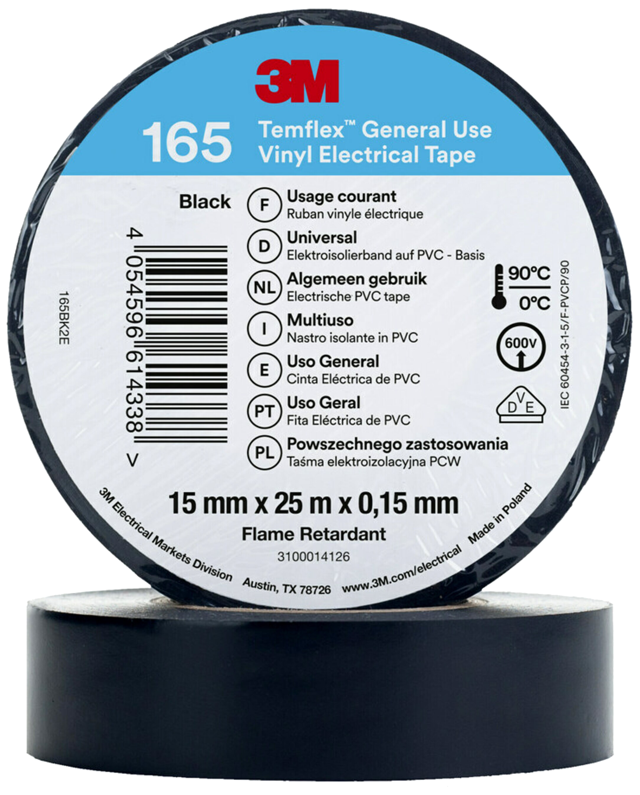Temflex 165 El-vinyltape 15mmã 25m Sort