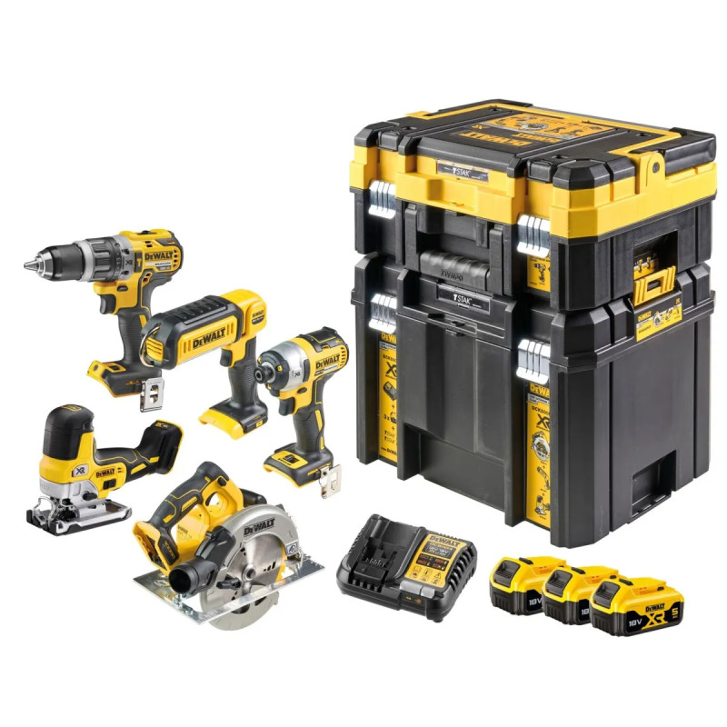 Dewalt 18v Xr Kombisæt Med Dele 5ah Batterier Lader Og Tstak Dck500p3t-qw
