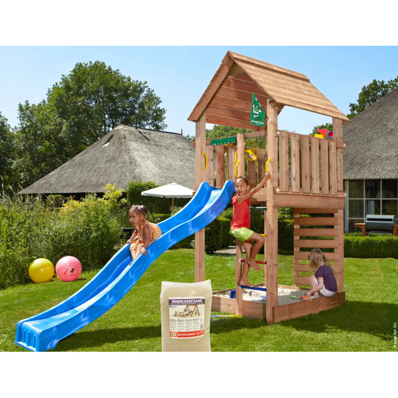 Jungle Gym Cabin     Legetårn 302   138   326 Cm Med Blå Rutsjebane Og 120 Kg Sand