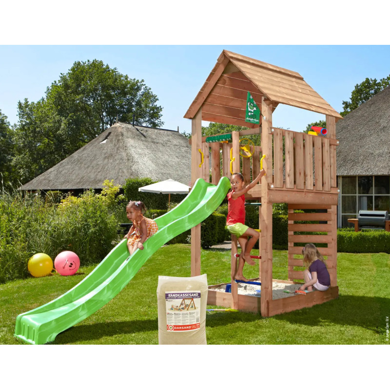 Jungle Gym Cabin     Legetårn 302   138   326 Cm Med Grøn Rutsjebane Og 120 Kg Sand