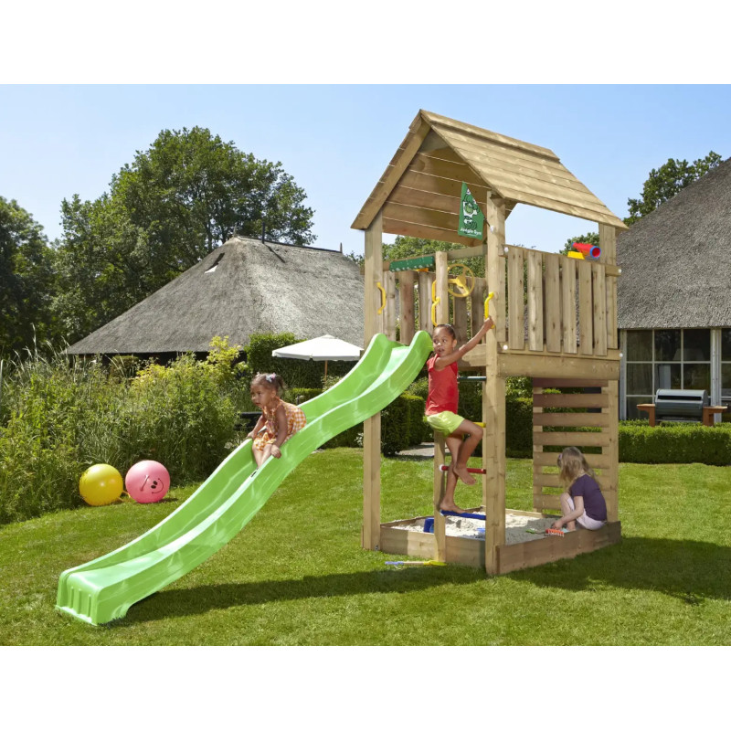 Jungle Gym Cabin     Legetårn 302   138   326 Cm Med Grøn Rutsjebane