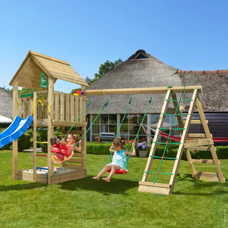 Jungle Gym Cabin     Legetårn 302   426   435 Cm Med  -climb Module 220  Blå Rutsjebane Og 120 Kg Sand