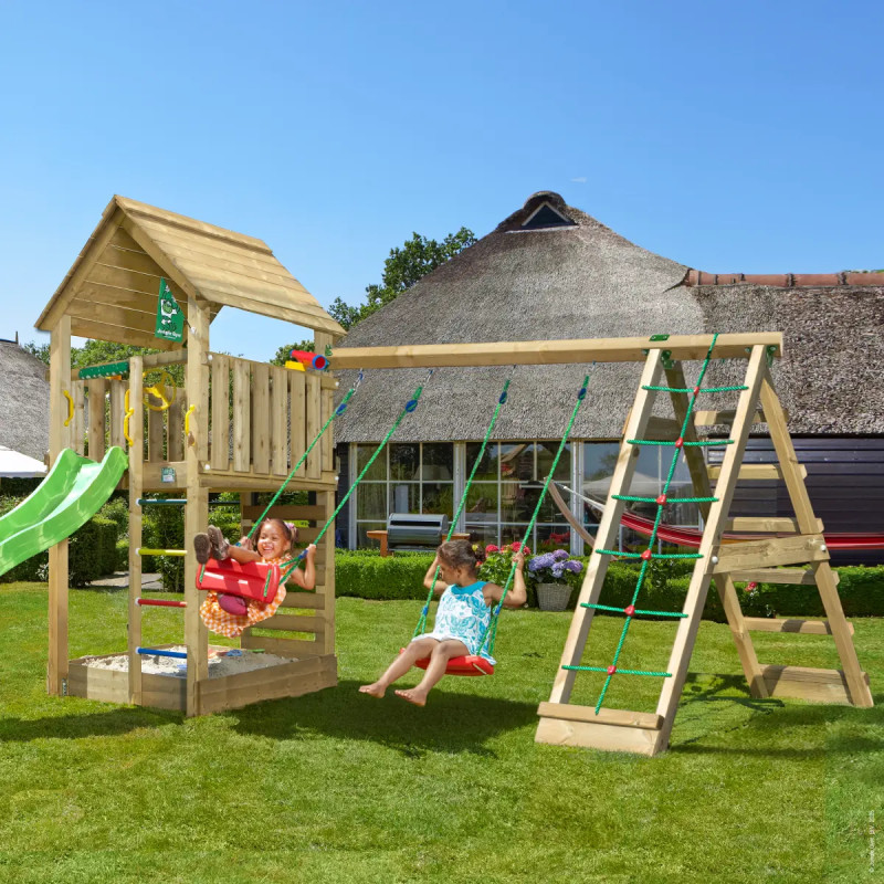 Jungle Gym Cabin     Legetårn 302   426   435 Cm Med  -climb Module 220  Grøn Rutsjebane Og 120 Kg Sand