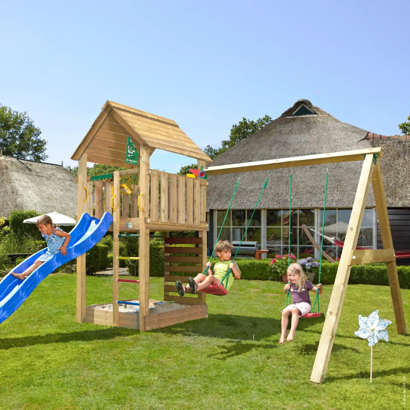 Jungle Gym Cabin     Legetårn 302   359   435 Cm Med  -swing Module 220  Blå Rutsjebane Og 120 Kg Sand
