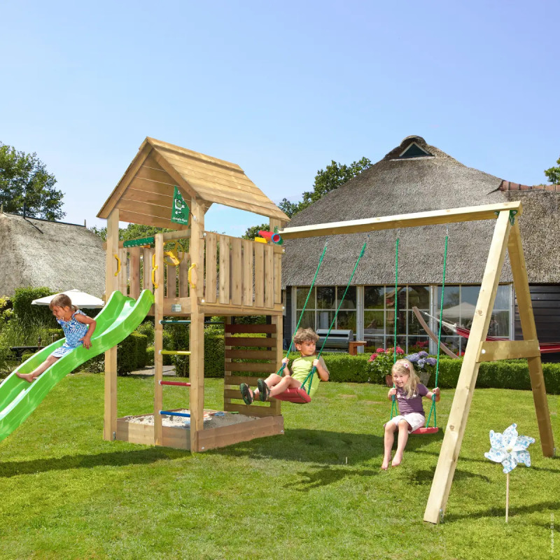Jungle Gym Cabin     Legetårn 302   359   435 Cm Med  -swing Module 220  Grøn Rutsjebane Og 120 Kg Sand