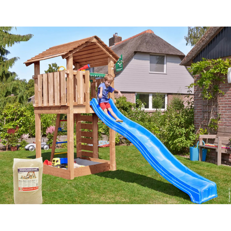 Jungle Gym Cottage     Legetårn 277   153   369 Cm Med Blå Rutsjebane Og 120 Kg Sand