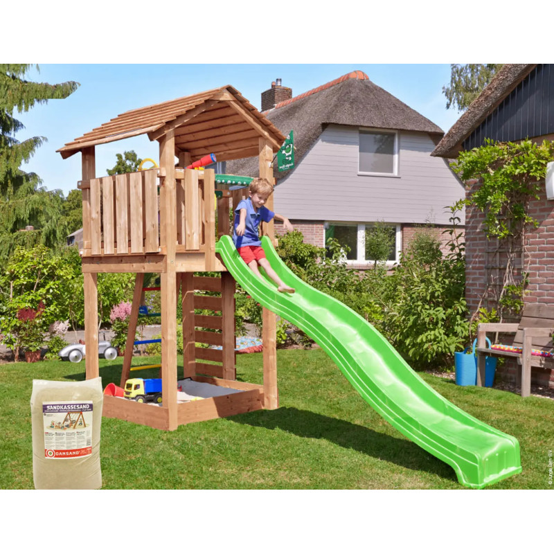 Jungle Gym Cottage     Legetårn 277   153   369 Cm Med Grøn Rutsjebane Og 120 Kg Sand
