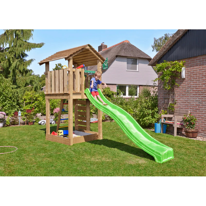 Jungle Gym Cottage     Legetårn 277   153   369 Cm Med Grøn Rutsjebane