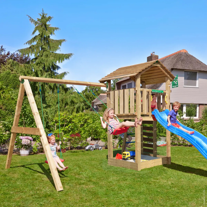 Jungle Gym Cottage     Legetårn 277   367   425 Cm Med  -swing Module 220  Blå Rutsjebane Og 120 Kg Sand