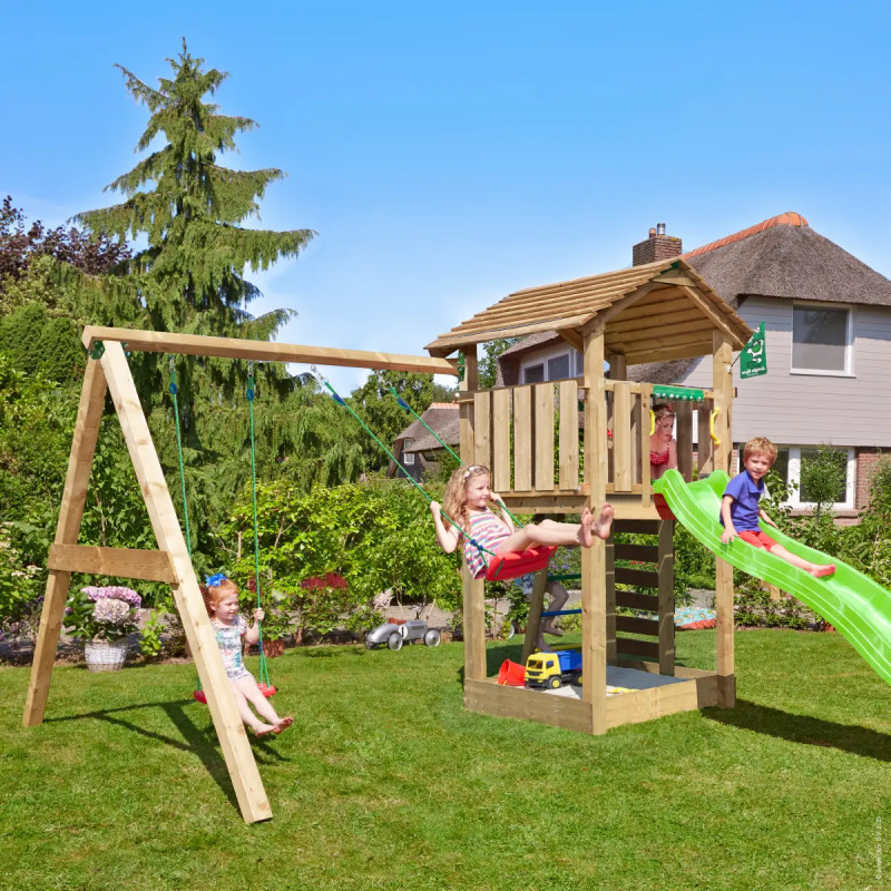 Jungle Gym Cottage     Legetårn 277   367   425 Cm Med  -swing Module 220  Grøn Rutsjebane Og 120 Kg Sand
