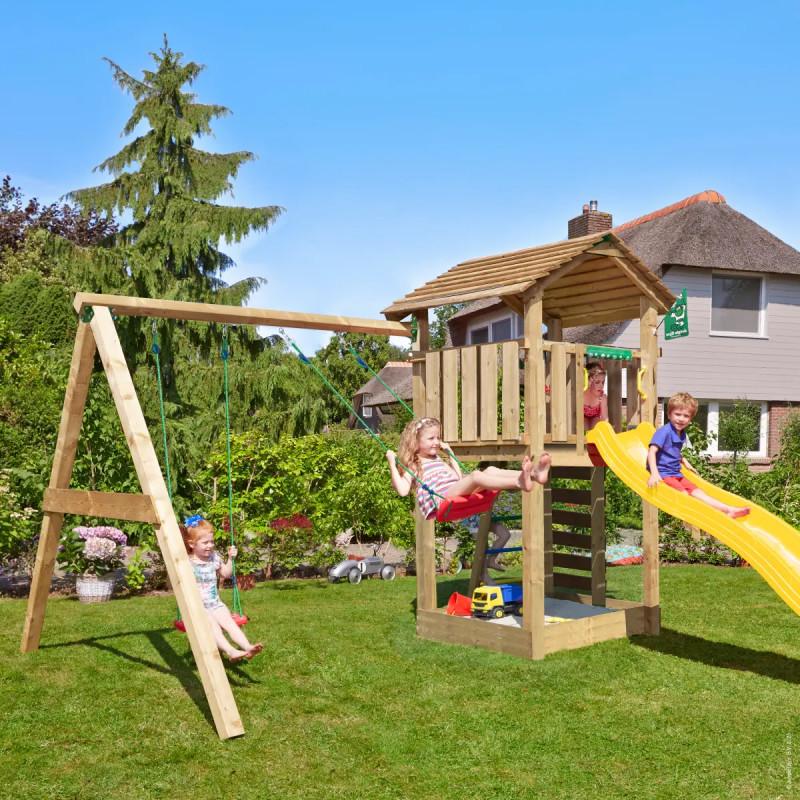 Jungle Gym Cottage     Legetårn 277   367   425 Cm Med  -swing Module 220 Og Gul Rutsjebane