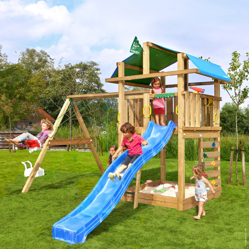 Jungle Gym Fort     Legetårn 296   397   448 Cm Med  -swing Module 220 Og Blå Rutsjebane