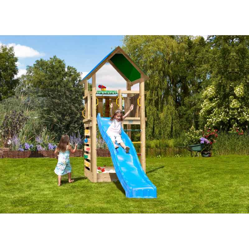 Jungle Gym Lodge     Legetårn 298   138   322 Cm Med Blå Rutsjebane