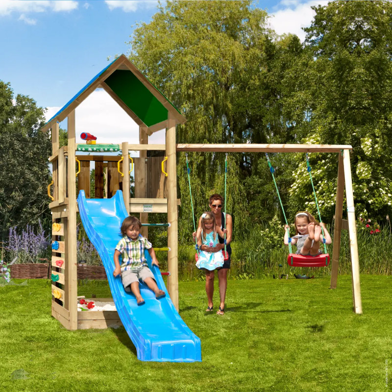 Jungle Gym Lodge     Legetårn 298   359   432 Cm Med  -swing Module 220 Og Blå Rutsjebane