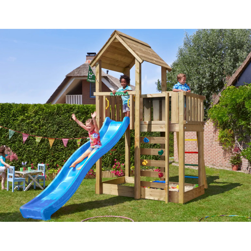 Jungle Gym Mansion     Legetårn 332   223   379 Cm Med Blå Rutsjebane Og 120 Kg Sand
