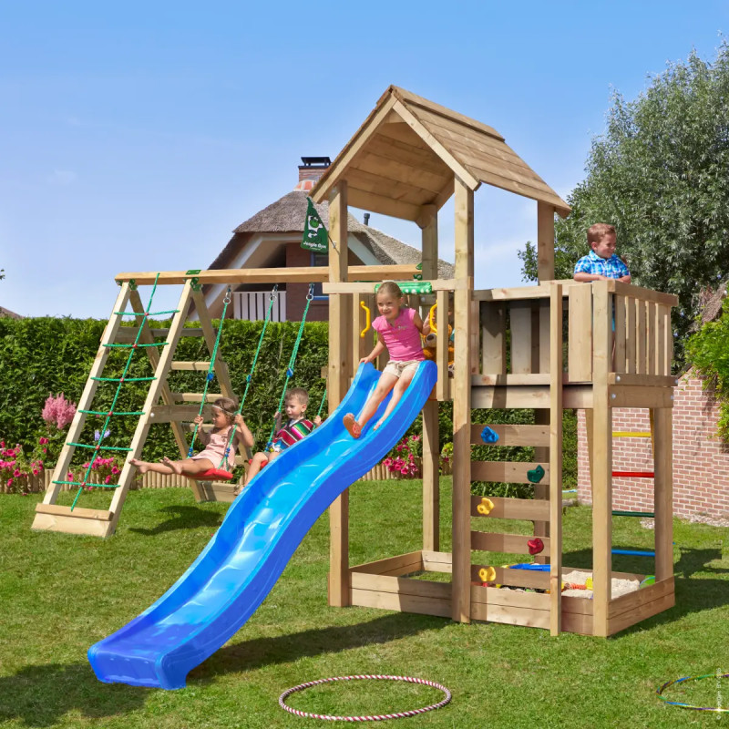 Jungle Gym Mansion     Legetårn 332   522   443 Cm Med  -climb Module 220  Blå Rutsjebane Og 120 Kg Sand