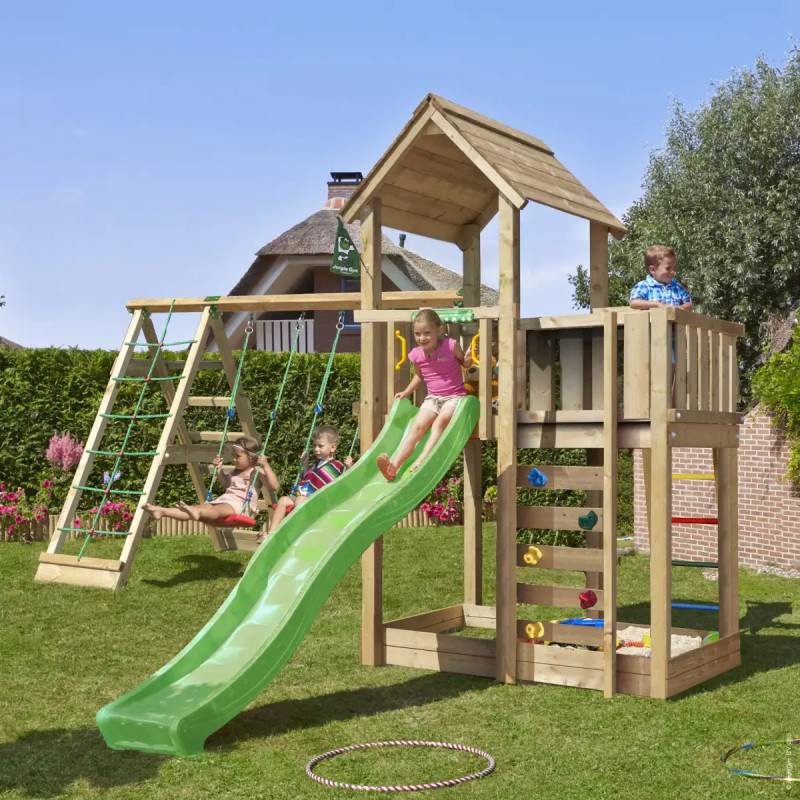 Jungle Gym Mansion     Legetårn 332   522   443 Cm Med  -climb Module 220  Grøn Rutsjebane Og 120 Kg Sand