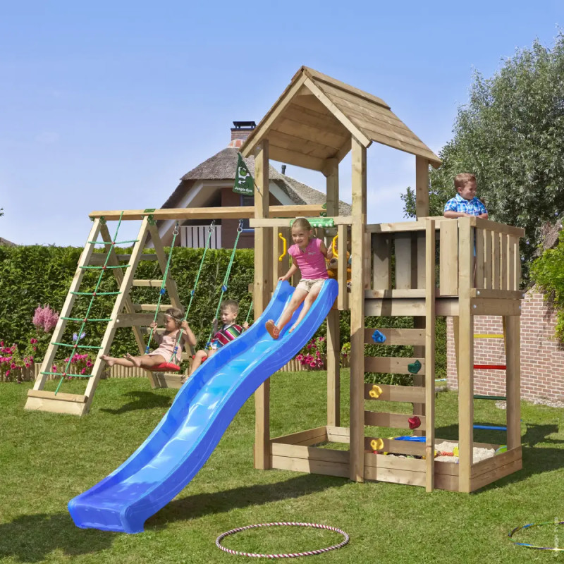 Jungle Gym Mansion     Legetårn 332   522   443 Cm Med  -climb Module 220 Og Blå Rutsjebane