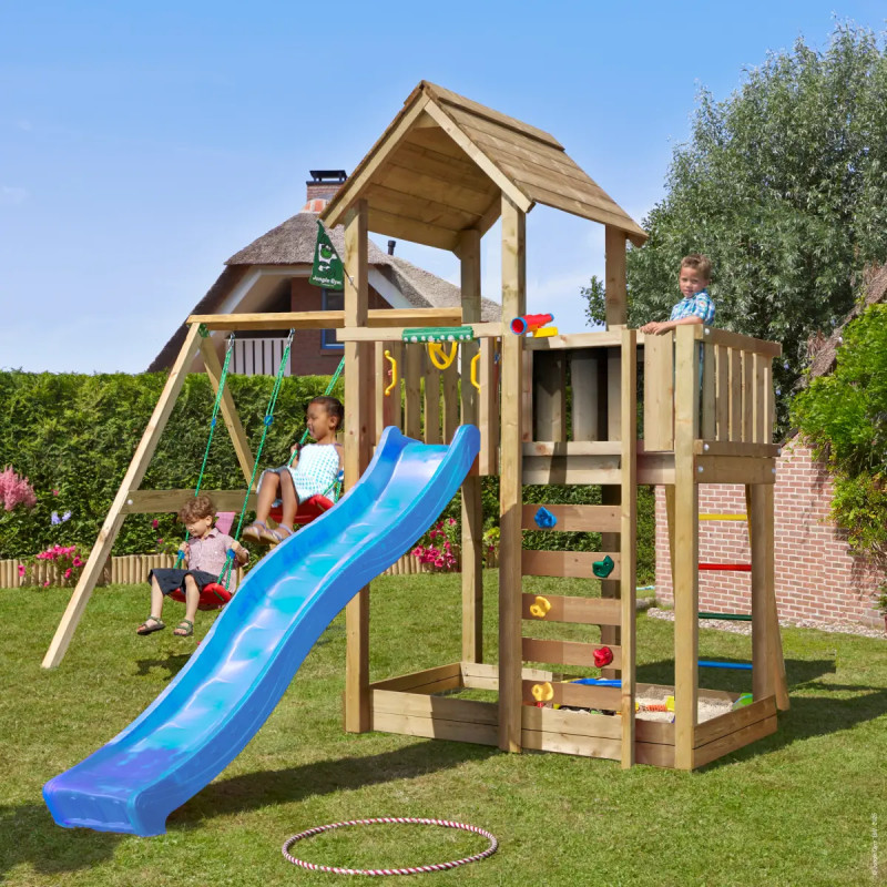 Jungle Gym Mansion     Legetårn 332   455   443 Cm Med  -swing Module 220  Blå Rutsjebane Og 120 Kg Sand