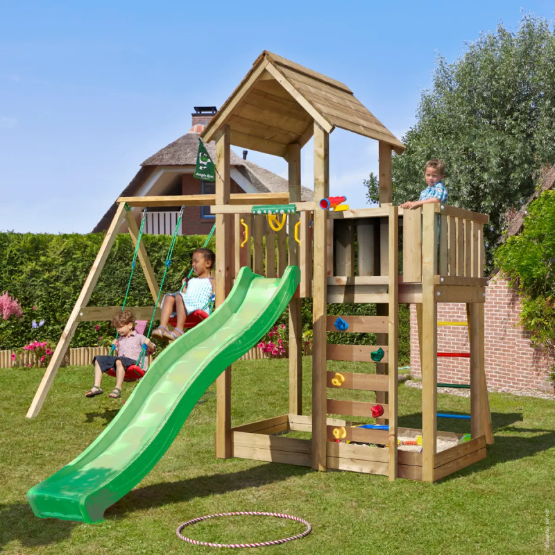 Jungle Gym Mansion     Legetårn 332   455   443 Cm Med  -swing Module 220  Grøn Rutsjebane Og 120 Kg Sand