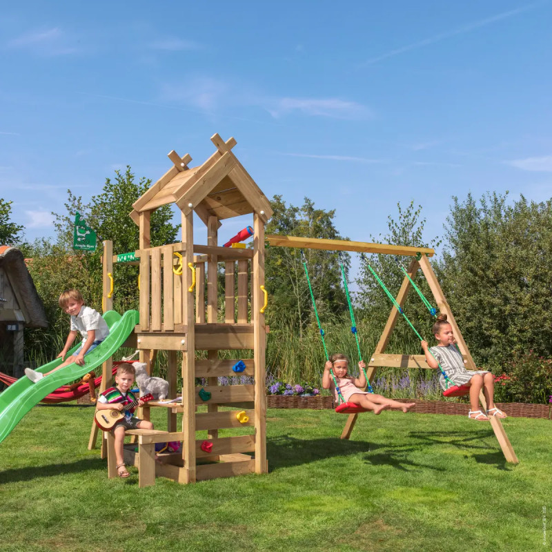 Jungle Gym Teepee Legetårn 275   300   454 Cm Med  -swing Module 200 Og Grøn Rutsjebane