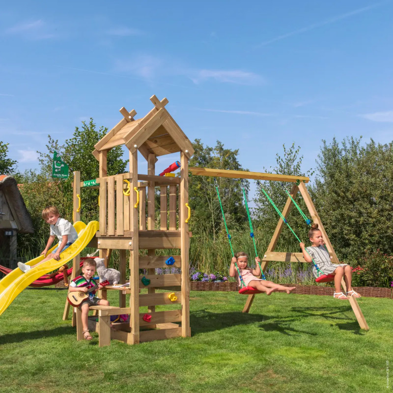 Jungle Gym Teepee Legetårn 275   300   454 Cm Med  -swing Module 200 Og Gul Rutsjebane