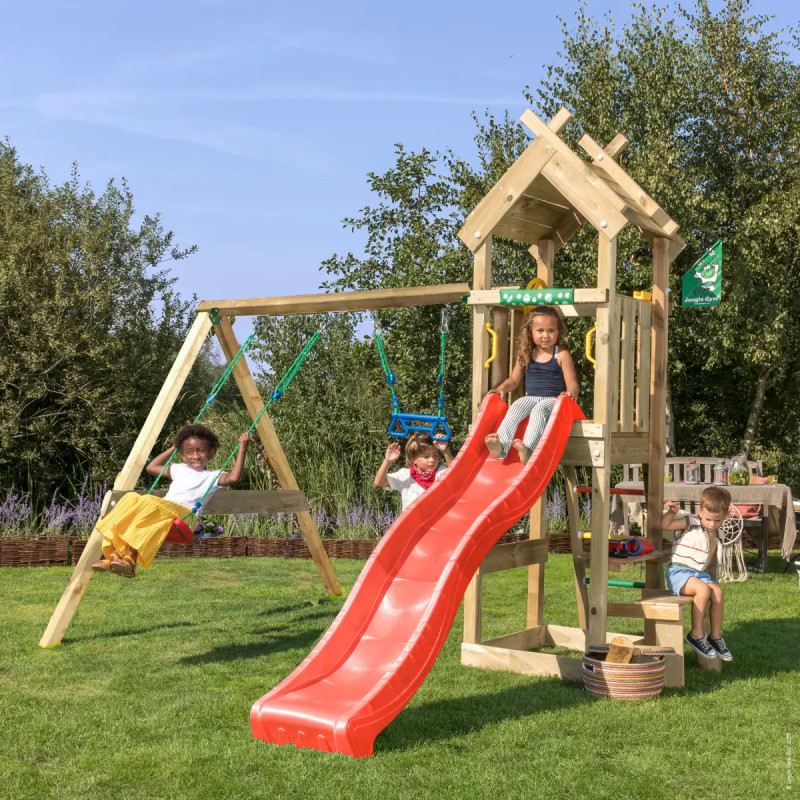 Jungle Gym Totem Legetårn 275   354   318 Cm Med  -swing Module 200 Og Rød Rutsjebane