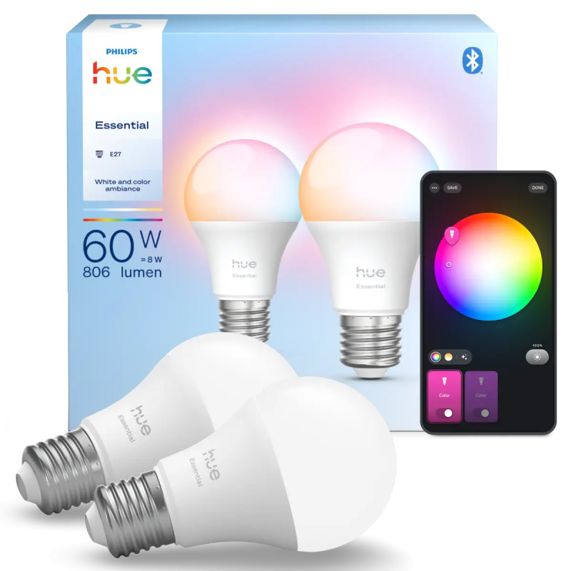 Philips Hue Essential White And Color Ambiance A60 Led Pære E27 806 Lm 8w  -pak