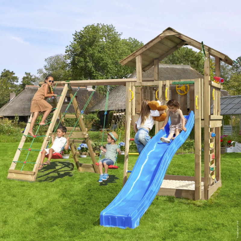 Jungle Gym Chalet     Legetårn Med  -climb Module 220  Blå Rutsjebane Og 120 Kg Sand