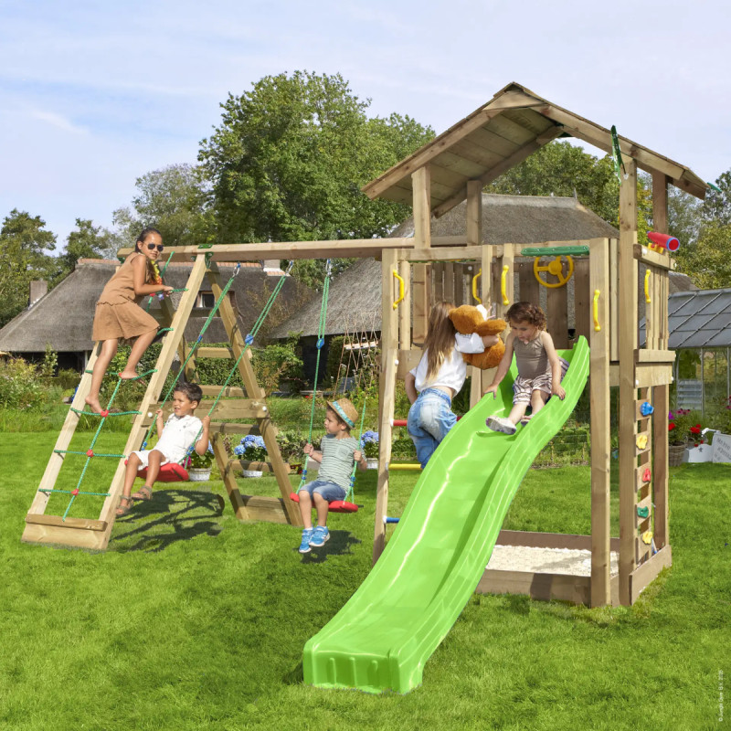 Jungle Gym Chalet     Legetårn Med  -climb Module 220  Grøn Rutsjebane Og 120 Kg Sand
