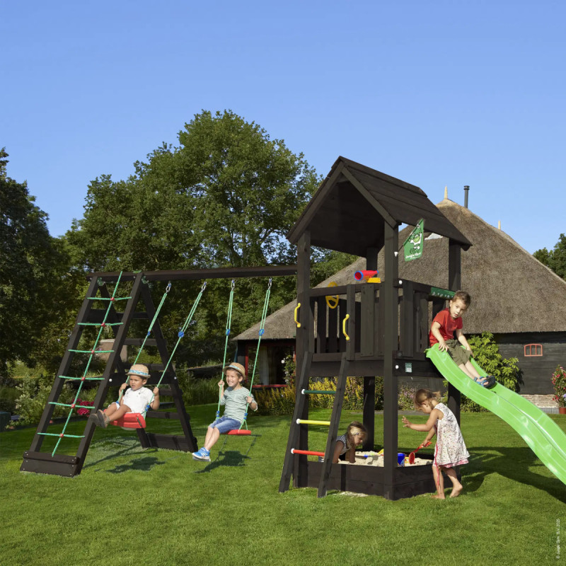 Jungle Gym Club     Legetårn Grundmalet Sort Med  -climb Module 220 Og Grøn Rutsjebane