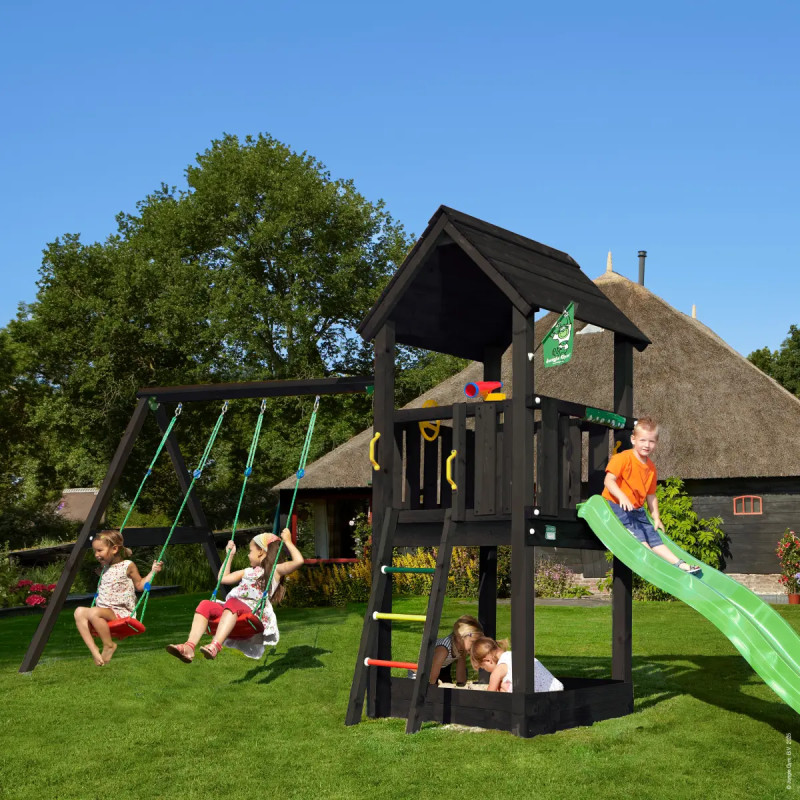 Jungle Gym Club     Legetårn Med  -swing Module 220 Og Grøn Rutsjebane 302   505   235 Cm Grundmalet Sort