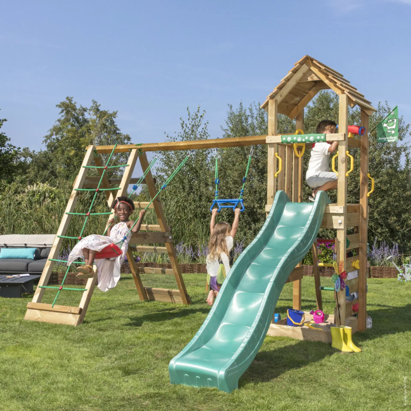 Jungle Gym Cocoon Legetårn Med  -climb Module 200 Og Mørkegrøn Rutsjebane