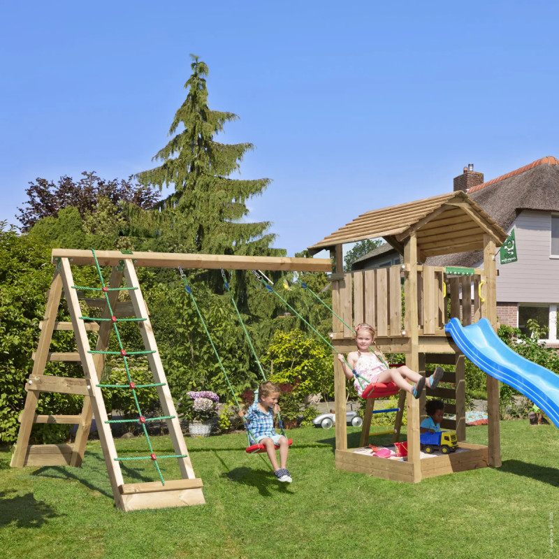 Jungle Gym Cottage     Legetårn Med  -climb Module 220  Blå Rutsjebane Og 120 Kg Sand