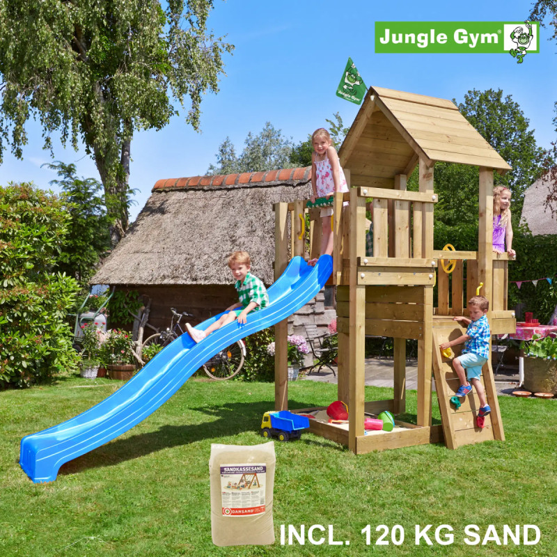 Jungle Gym Cubby Legetårn Med Blå Rutsjebane Og 120 Kg Sand