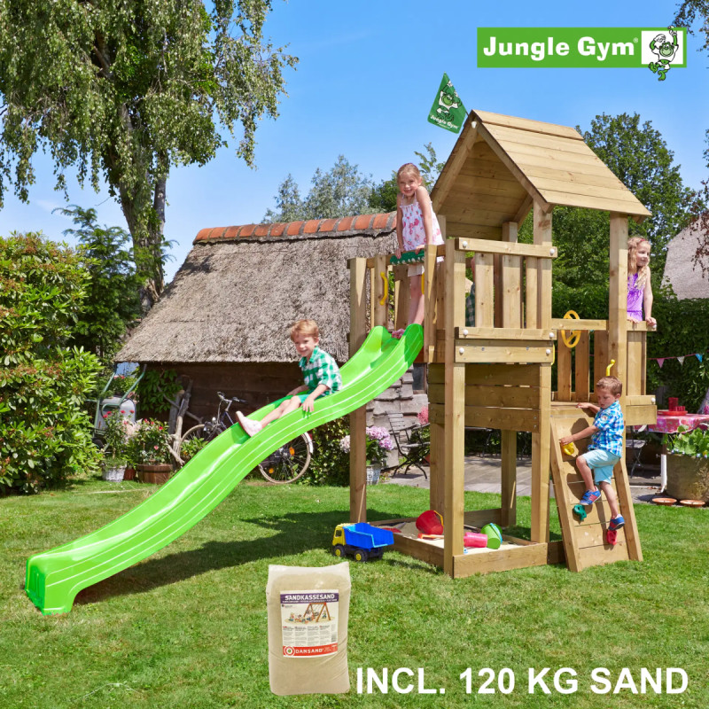 Jungle Gym Cubby Legetårn Med Grøn Rutsjebane Og 120 Kg Sand